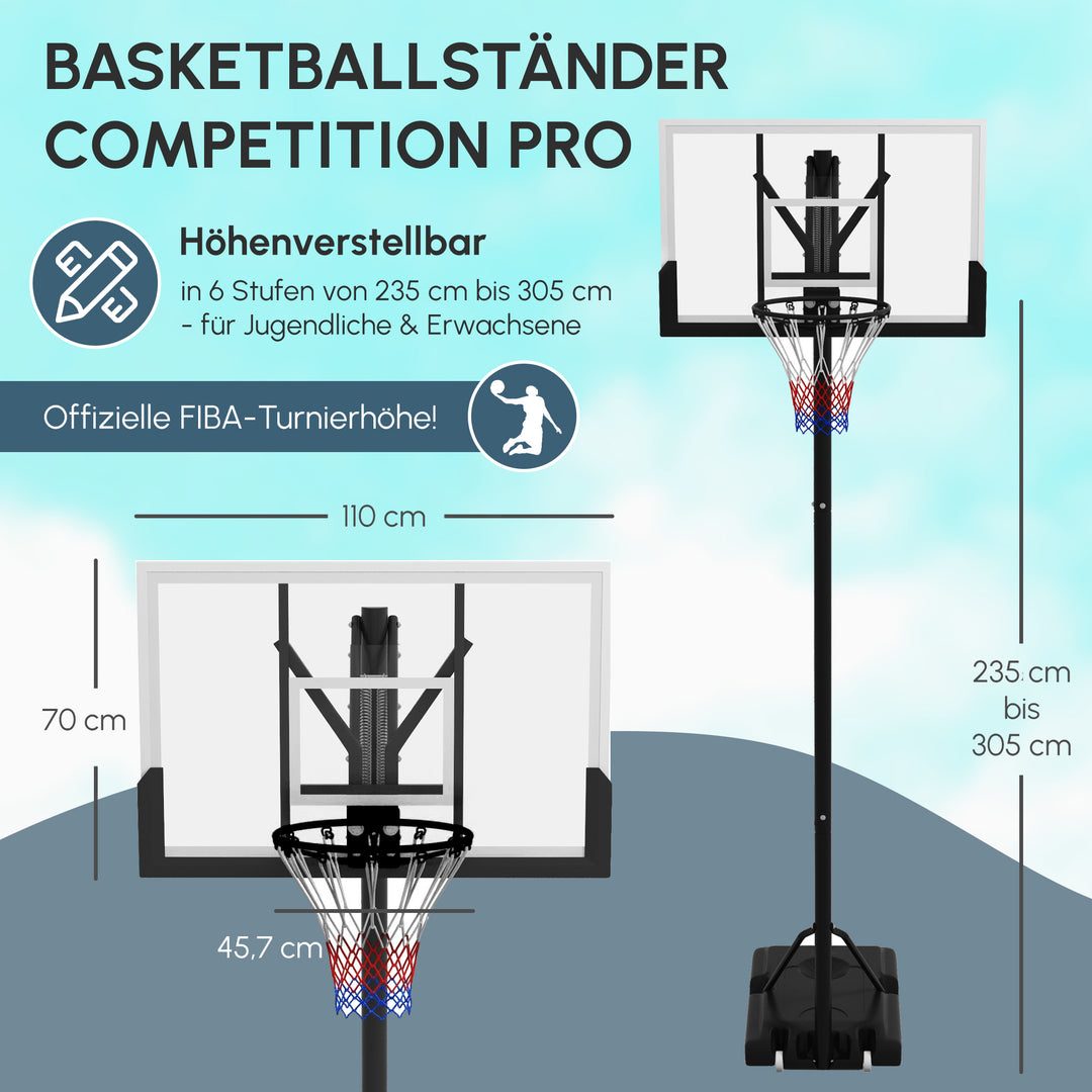 Basketballstativ, mobil, højdejusterbar, brudsikker bagplade, 235-305 mm kurvhøjde, sort
