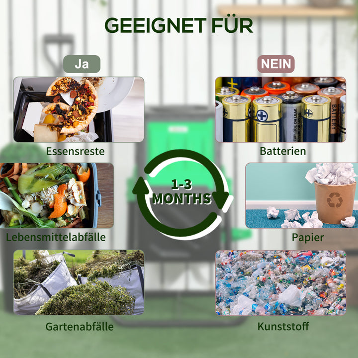 Kompostbeholder, 65 liter kompostbeholder, roterbar, kompakt, 24 ventilationshuller, stål, plastik, grøn+sort