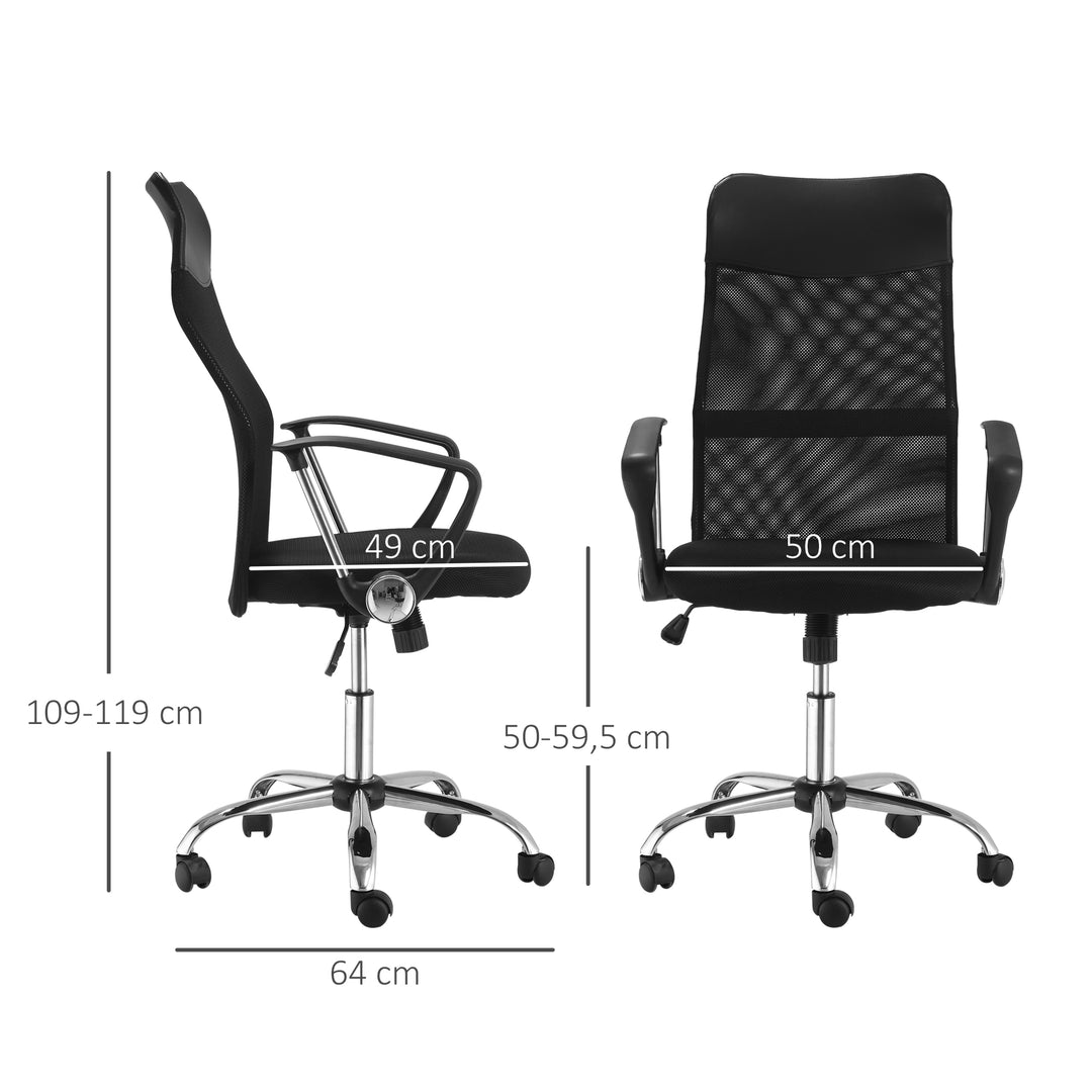 Ergonomisk kontorstol, gamingstol, drejestol med vippefunktion, højdejusterbar skrivebordsstol, skum, net, sort, 63 x 65 x 109-119 cm