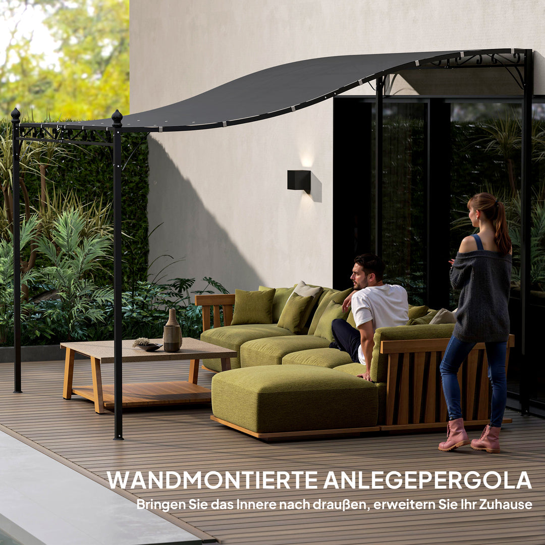 3 x 2,5 m Pergola, Vægmonteret havepavillon, vandafvisende, metalramme, drænhuller, skyggetag, mørkegrå