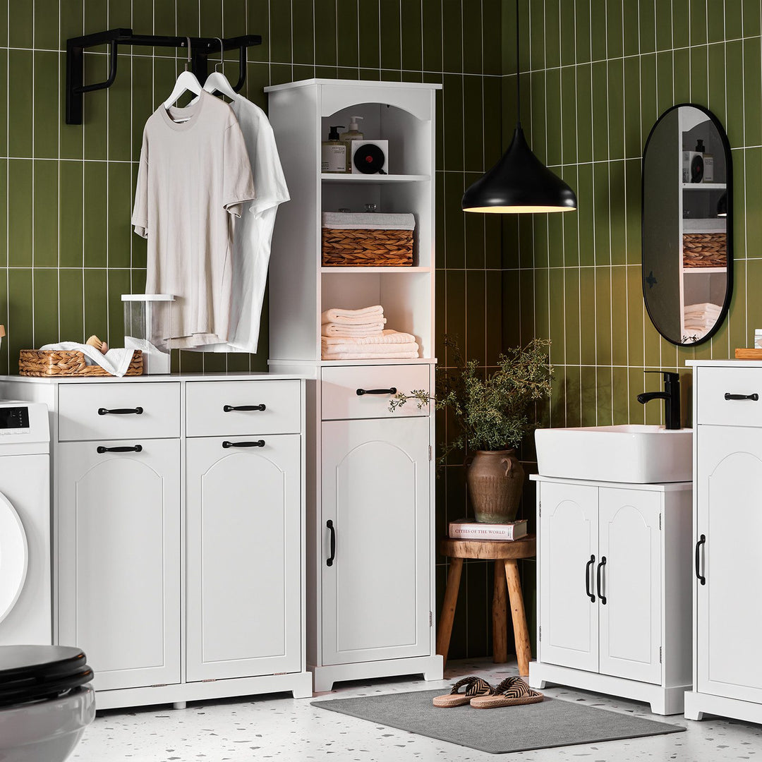 Kommode med indbyggede vasketøjskurve til badeværelset, H90 x B79.5 x D38 cm, hvid