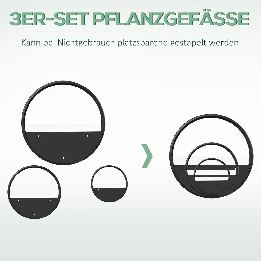 Vægplantekar, sæt med 3, stabelbare, stål+akryl, sort