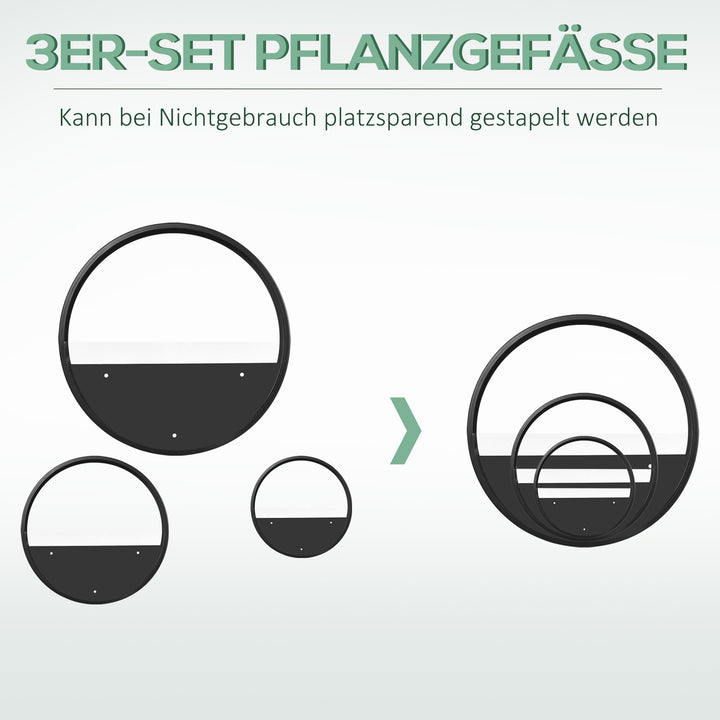 Vægplantekar, sæt med 3, stabelbare, stål+akryl, sort