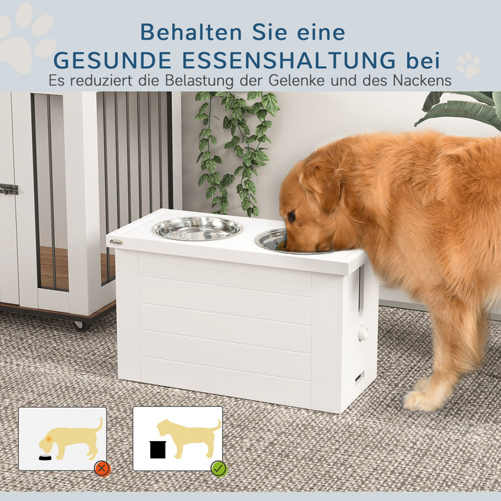 2-I-1 hævet hundeskål, højdejusterbar foderskål med stativ, 2 x 2l skåle i rustfrit stål, hvid