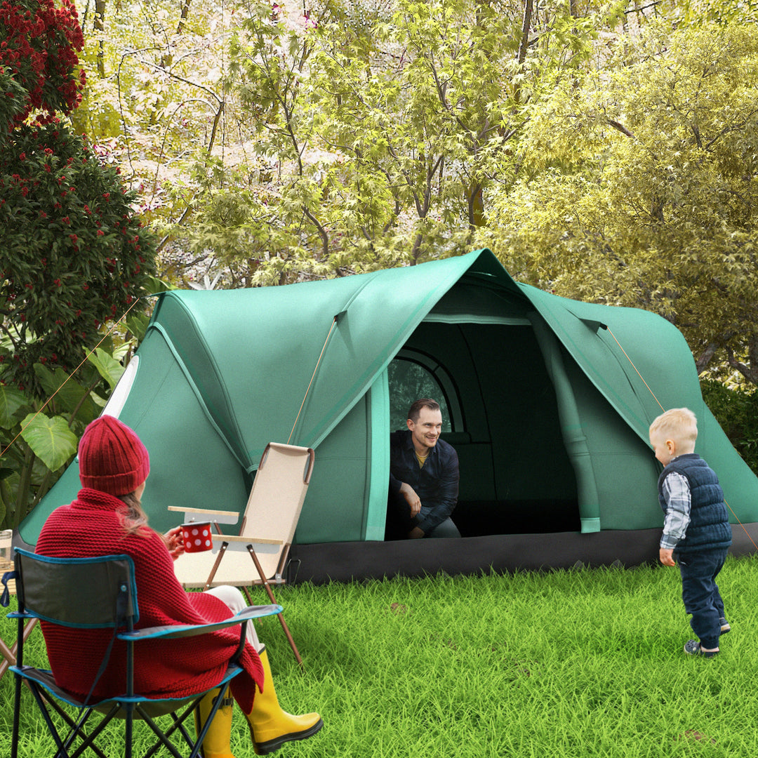 Campingtelt til 5-6 personer, familietelt, lampekroge, sidelommer, 4,55x2,3x1,8m, grøn/sort