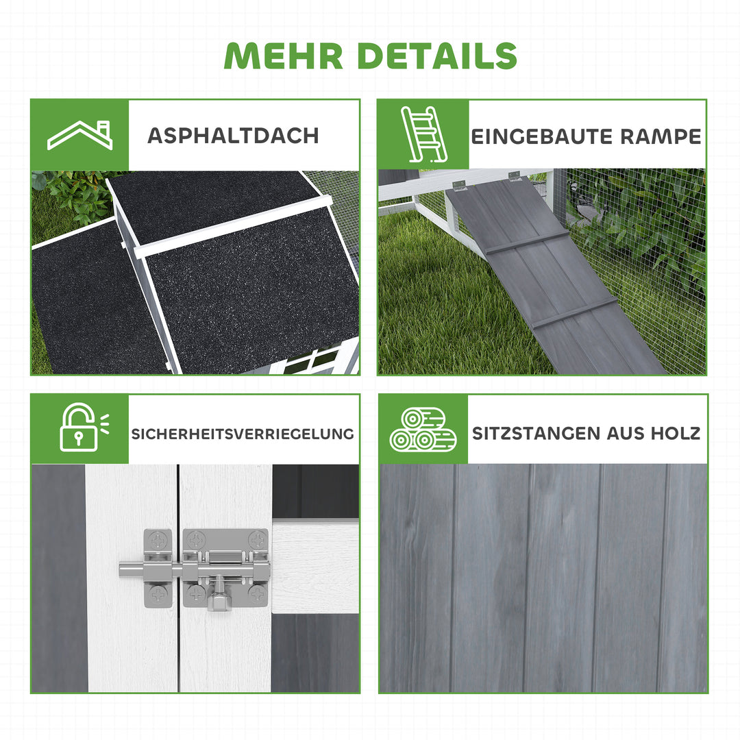Hønsehus med løbegård til 3-4 kyllinger, 3-delt redekasse, 1,9 m² areal, fyrretræ, grå