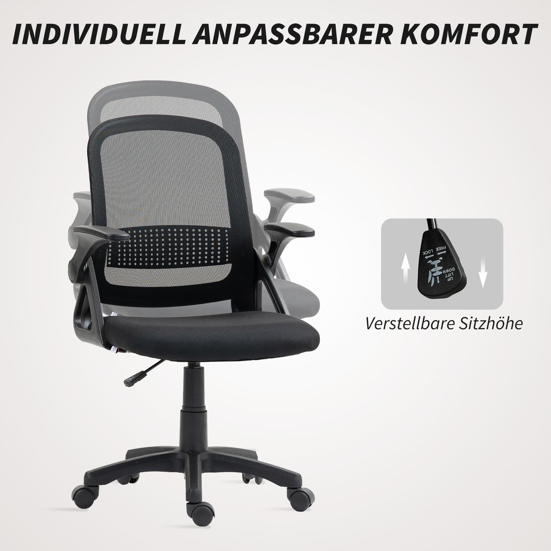 Åndbar netkontorstol, ergonomisk drejestol med foldbare armlæn og lændestøtte, sort