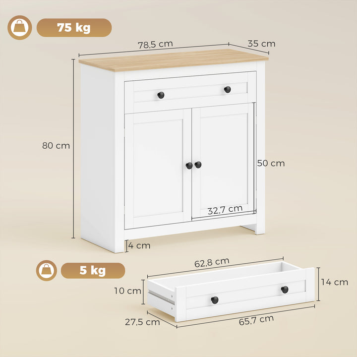 Køkkenskænk med skuffe, dobbeltdøre, justerbar hylde, til stue, 78,5 x 35 x 80 cm hvid