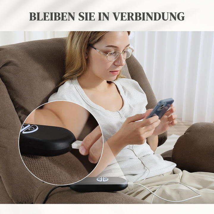 Lænestol med massage- og varmefunktion, elektrisk løftestol, fjernbetjening, sidelommer, lysebrun