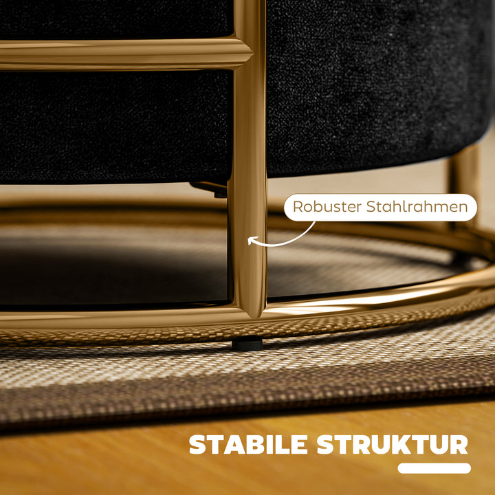 Opbevaringspuf, polstret fodskammel, metalstel, forgyldt, sort