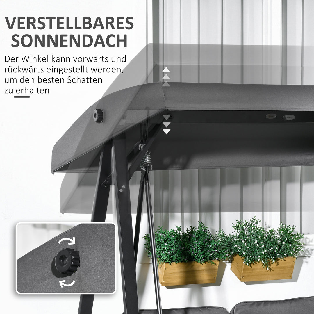 Hollywood gynge, 2-personers havegynge med justerbar baldakin, lasteevne op til 220 kg, 145 x 116 x 172 cm, mørkegrå