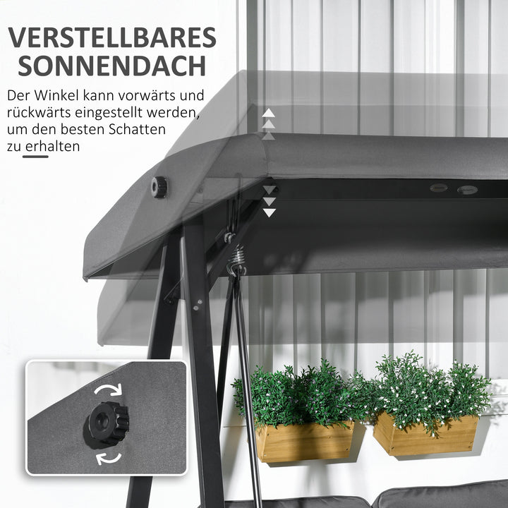 Hollywood gynge, 2-personers havegynge med justerbar baldakin, lasteevne op til 220 kg, 145 x 116 x 172 cm, mørkegrå