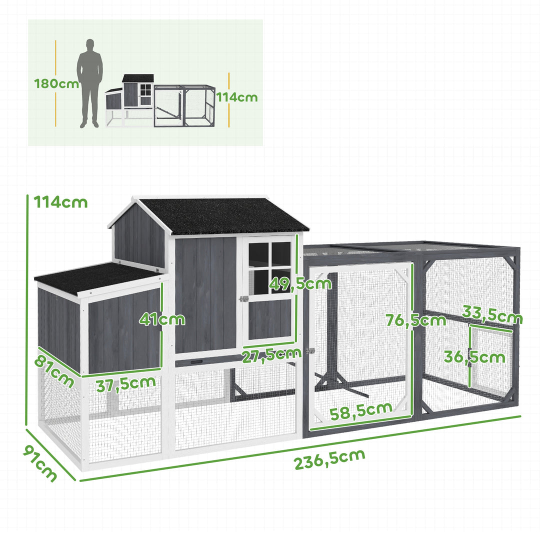 Hønsehus med løbegård til 3-4 kyllinger, 3-delt redekasse, 1,9 m² areal, fyrretræ, grå