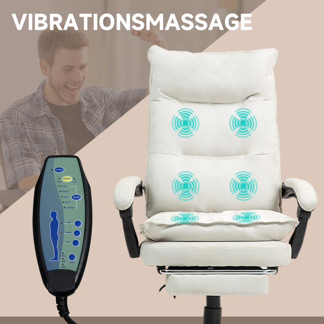 Massagekontorstol, skrivebordsstol med massagefunktion, højdejusterbar, ergonomisk drejestol, nylon, cremehvid