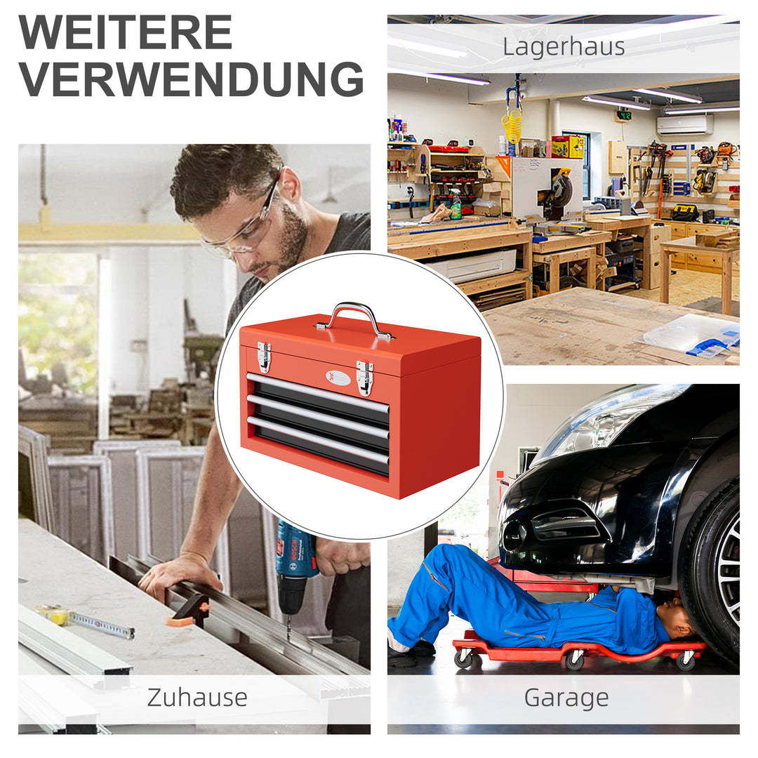 Værktøjskasse med 3 skuffer, 1 rum, robuste stållåse, 45 x 24 x 27 cm, rød