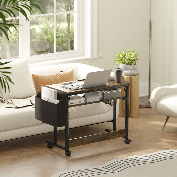 Højdejusterbart hævebord med vipbar bordplade, hjul, opbevaringshylde, til skrivning, læsning, tegning, brun