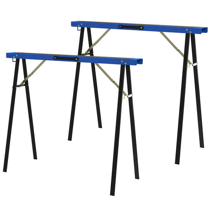 Sæt med 2 robuste, foldbare metalsavbukke til tømrerarbejde og gør-det-selv-projekter, blå og sort