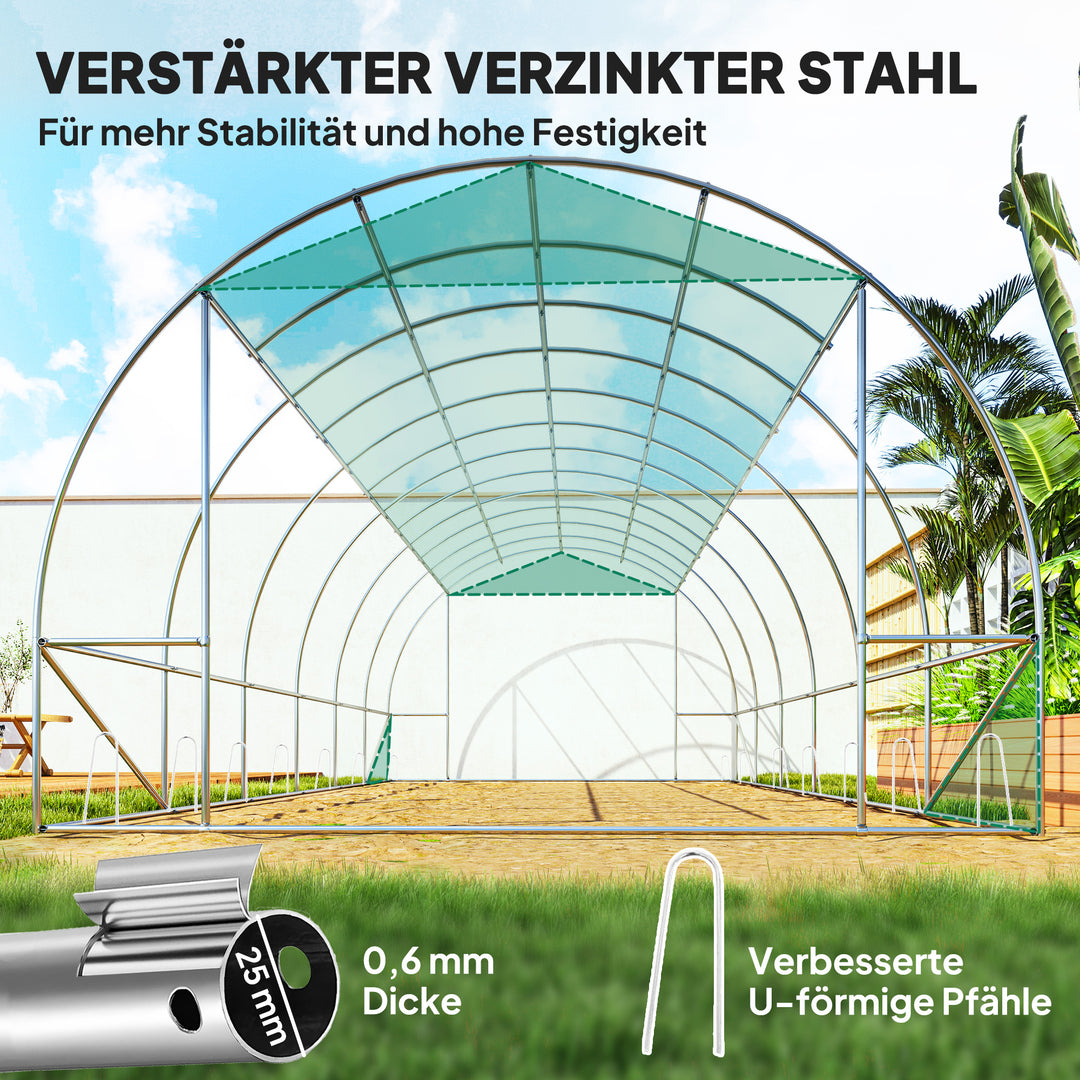 Polytunnel drivhus med plastikdæksel og stålramme, walk-in drivhustelt med rulledøre, grøn