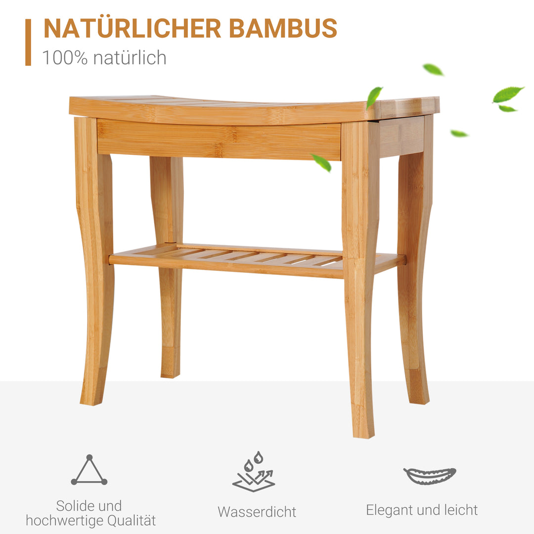 Brusestol, badeværelsesstol med hylde, brusesæde, brusestol, badeværelsesstol, badeværelseshylde, bambus, 47,5 x 26 x 44,5 cm, naturlig