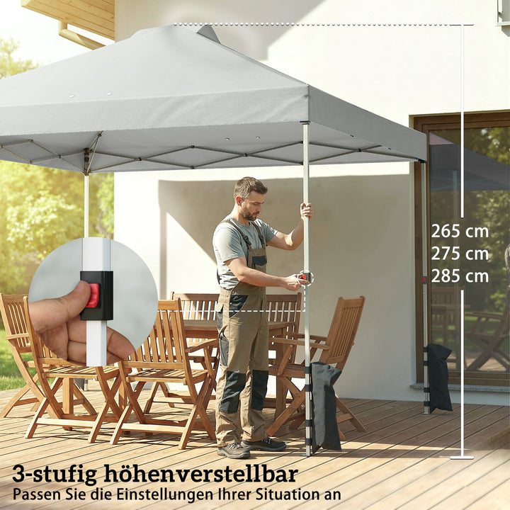 Pavillon ca. 3x3 m, vandtæt, højdejusterbar, pop-up foldbar pavillon med 3 sidepaneler, vinduesventilation, UV 50+, lysegrå