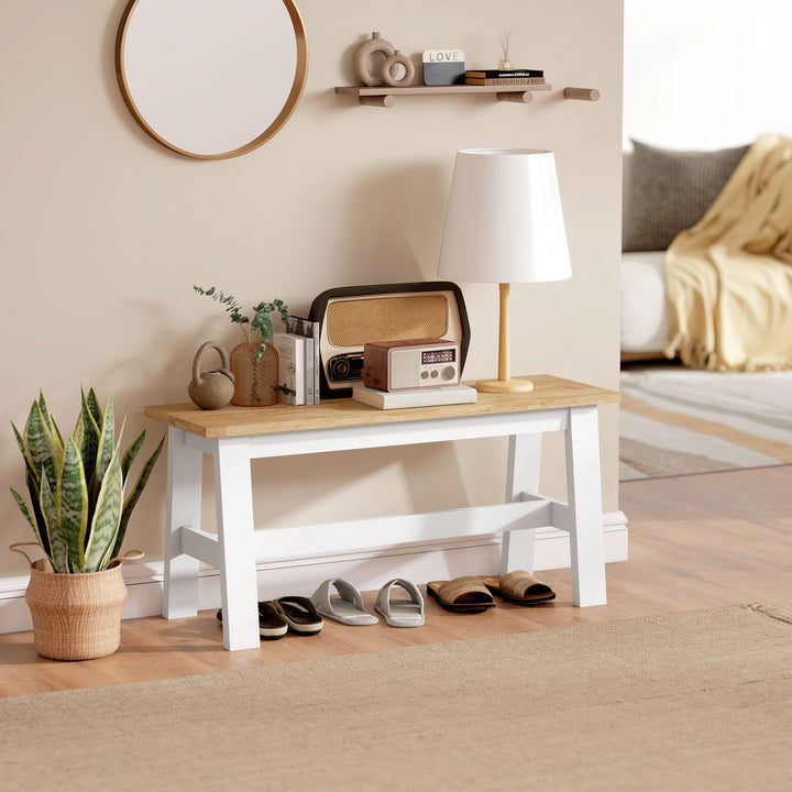 Bænk til 2 personer, træbænk i egetræslook, stabiliserende tværstang, til stue, spisestue, entre, gummitræ, hvid