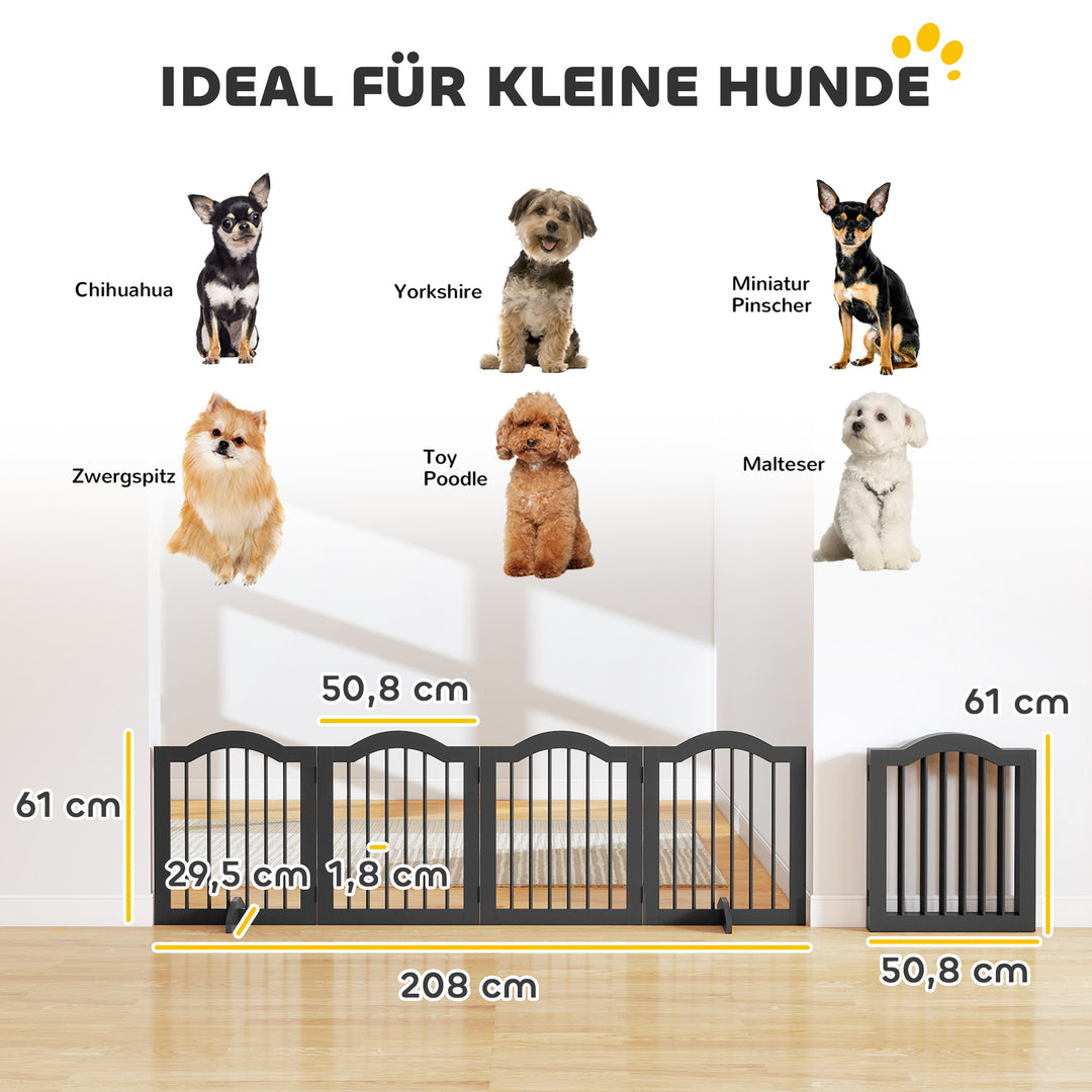 Fritstående hundegitter med fødder, foldbart, 4 paneler, 208 x 29,5 x 61 cm, sort