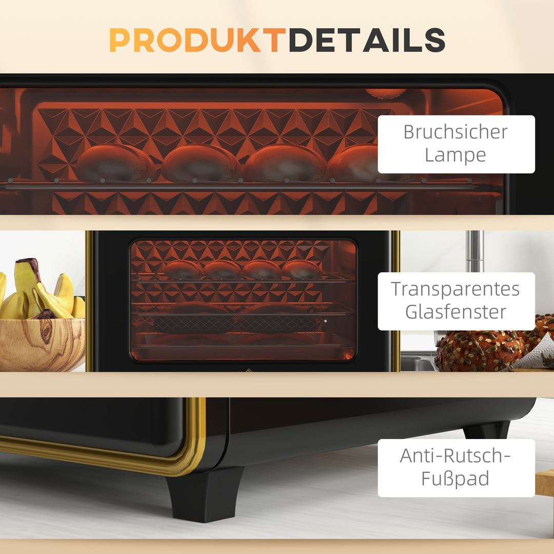 Miniovn, 20 liter, oliefri stegning, grillning, bagning, konvektion, 90-230° c, timer, 1400w, sort+guld