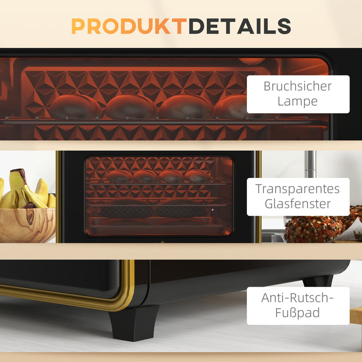 Miniovn, 20 liter, oliefri stegning, grillning, bagning, konvektion, 90-230° c, timer, 1400w, sort+guld