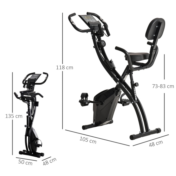 X-bike 2-i-1 motionscykel med lcd-skærm, pulsmåler, foldbar motionscykel med 8 niveauer af magnetisk modstand, 1 par spændereb, stål, sort, 105 x 48 x 118 cm