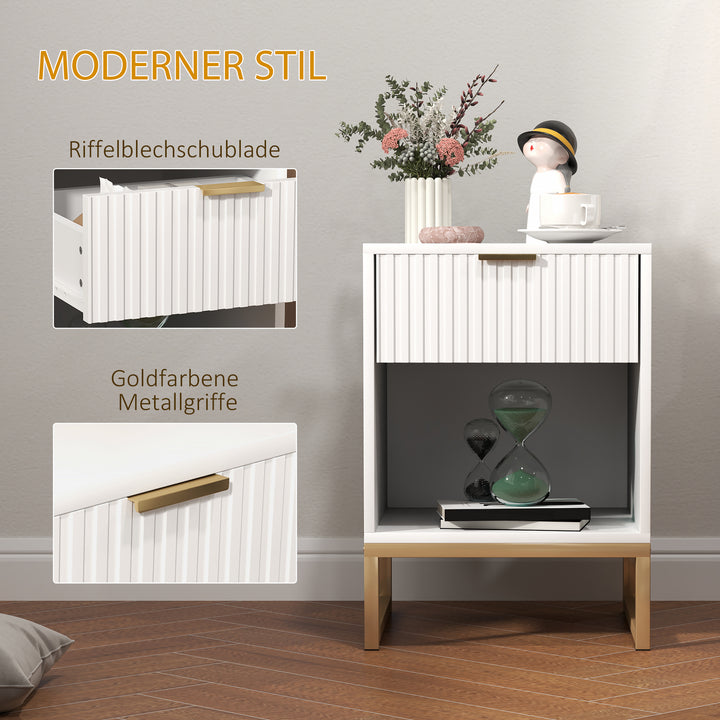 Natbord med skuffe og hylde, opbevaringsplads og metalben, til soveværelse, stue, hvid