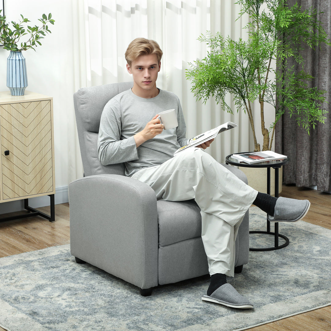 Lænestol, justerbar 135°, udtrækkelig fodstøtte, polstrede armlæn, hør-polyester, lysegrå