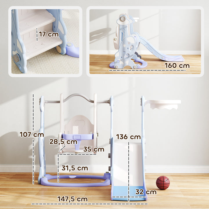 4-I-1 indendørs legeplads, rutsjebane og gyngesæt til småbørn, basketballkurv, raketdesign, plastik, lyseblå