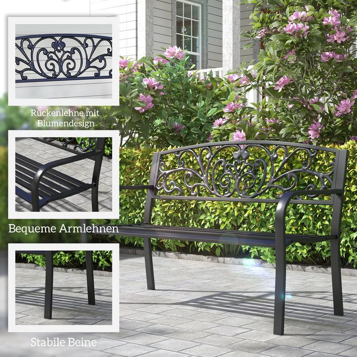 Metalhavebænk, blomsterdesign, 2-personers, 240 kg lasteevne, stål, 127L x 60B x 87H cm, sort