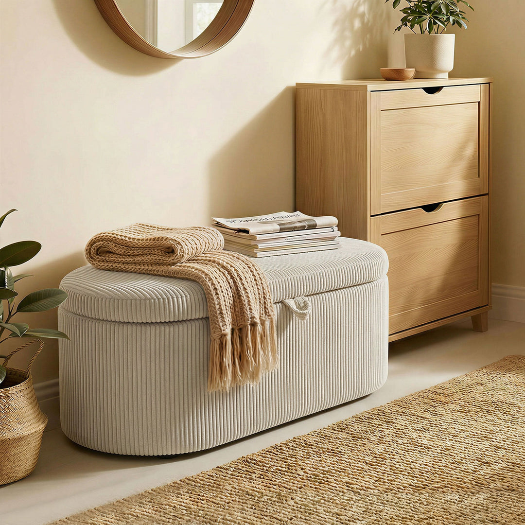 Puf med opbevaring, fløjlspolstring med polstret sæde, bænk ved foden af sengen, 105 x 51 x 49 cm, beige