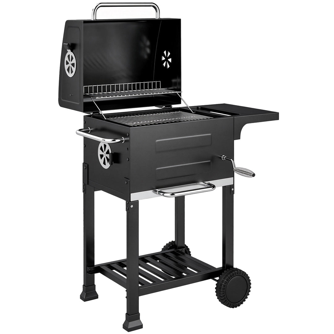 Kompakt kulgrillvogn med låg, termometer, grillrist, sidebord, askeskuffe og ventilationsåbninger.