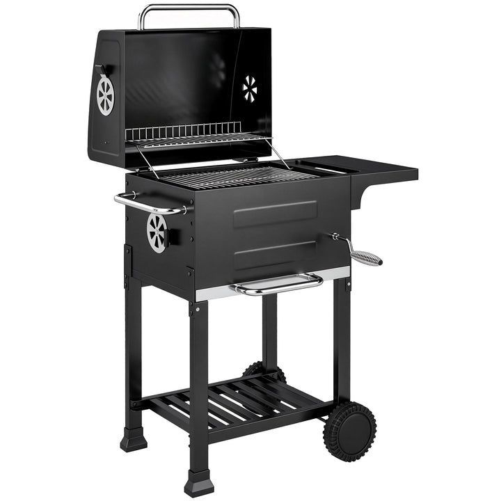 Kompakt kulgrillvogn med låg, termometer, grillrist, sidebord, askeskuffe og ventilationsåbninger.