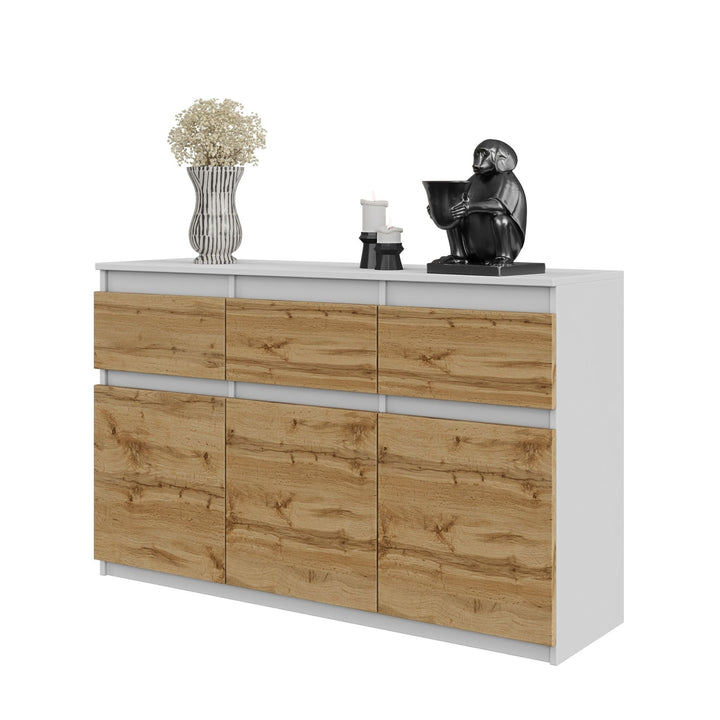 NOAH - Kommode med 3 skuffer - mat hvid / naturfarvet, H75cm B120cm D35cm