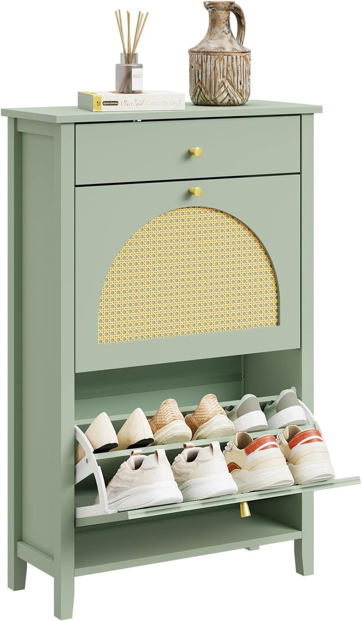 Skoskab smal - 62x25x97cm, MDF, rattandøre, skuffe, plads til 8 par sko, pladsbesparende, grøn gul