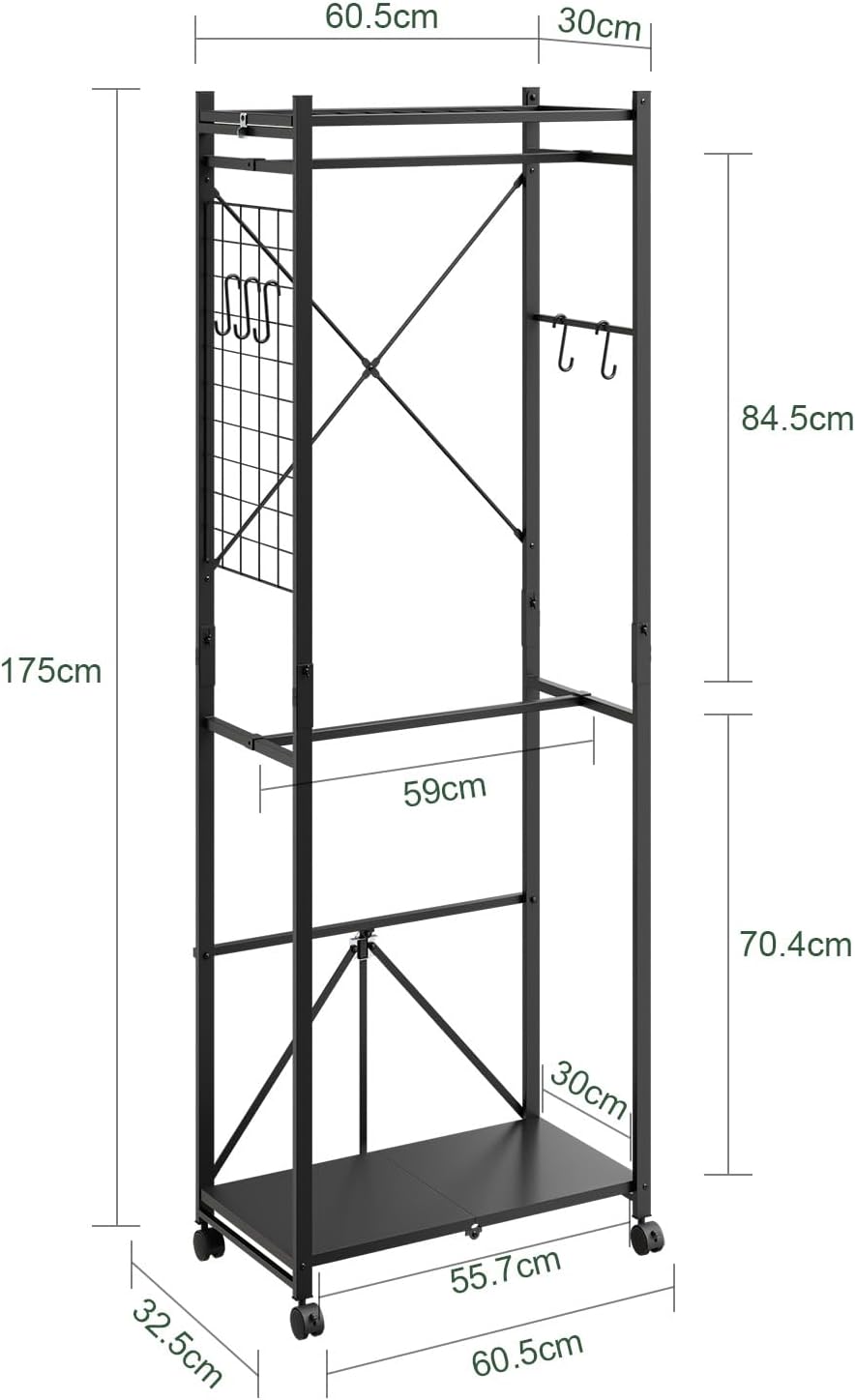 Foldbart tøjstativ smal på hjul, 60,5x32,5x175cm