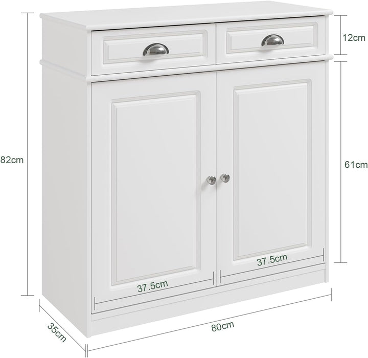 Elegant skoskab & kommode – plads til 12-15 par sko – justerbare hylder & 2 skuffer – hvid MDF