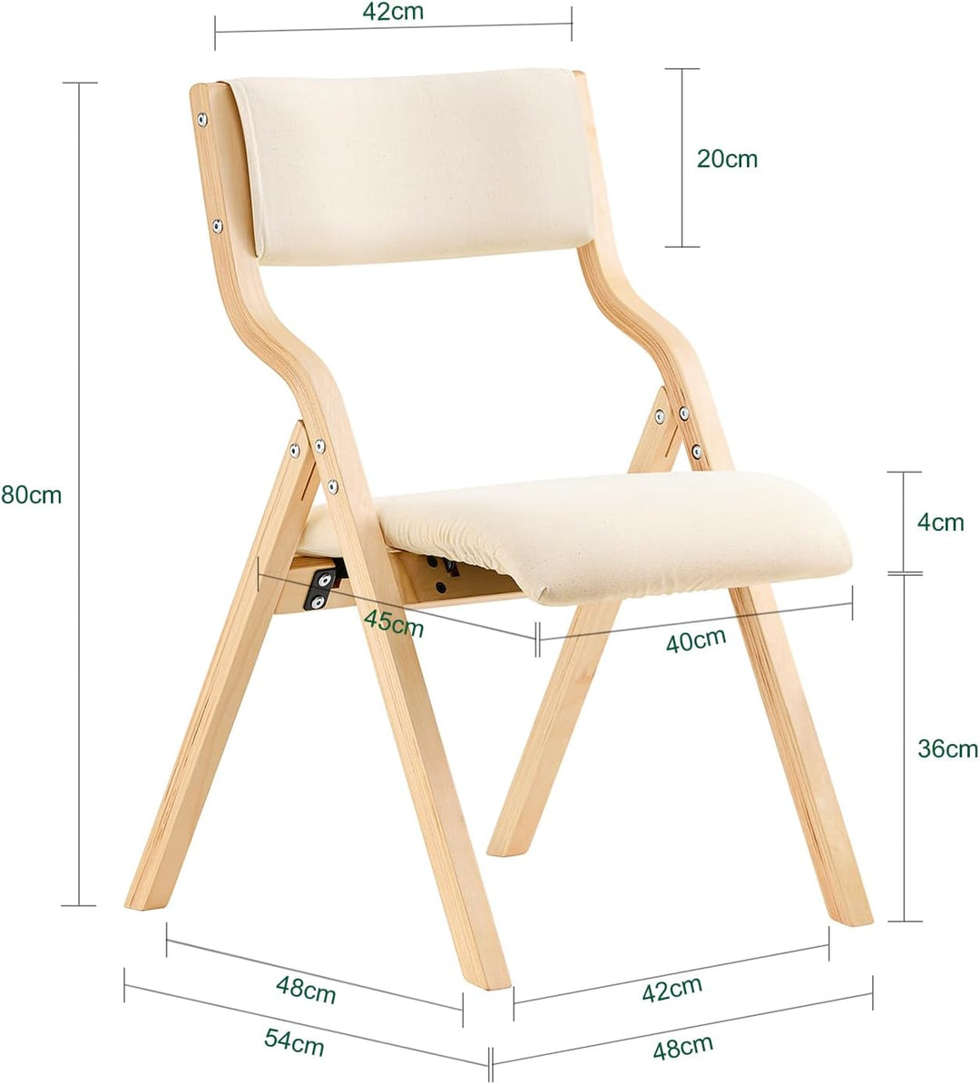 Sæt med 2 sammenklappelige træstole i hvid – ergonomiske, polstrede køkken- og spisebordstole, ideelle til balkon, have og camping