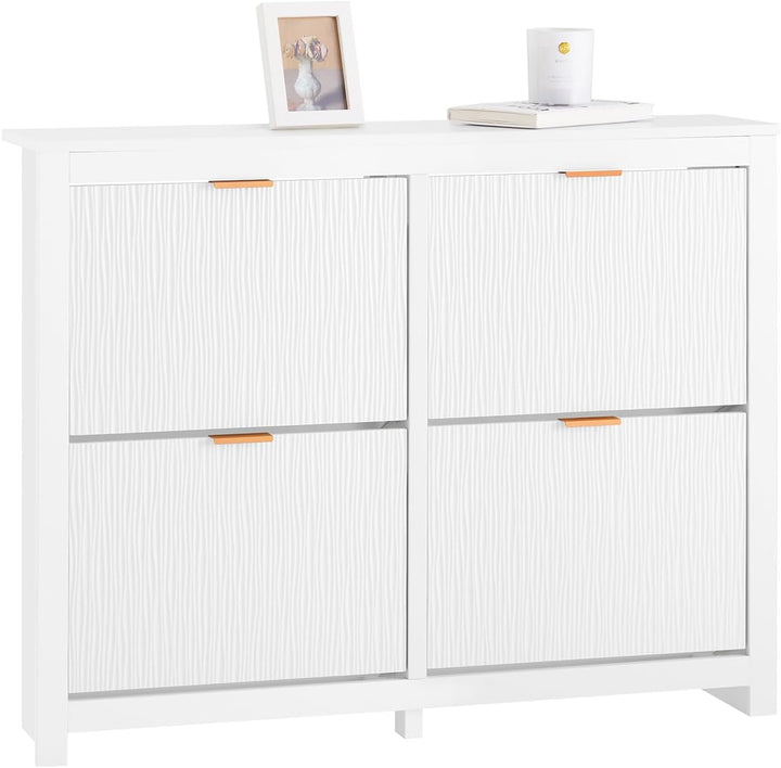 Smalt hvidt skoskab med 4 klaplåger – 8 opbevaringsrum til 16–24 par sko, ideel til entré og gang, 104 × 82 × 23 cm