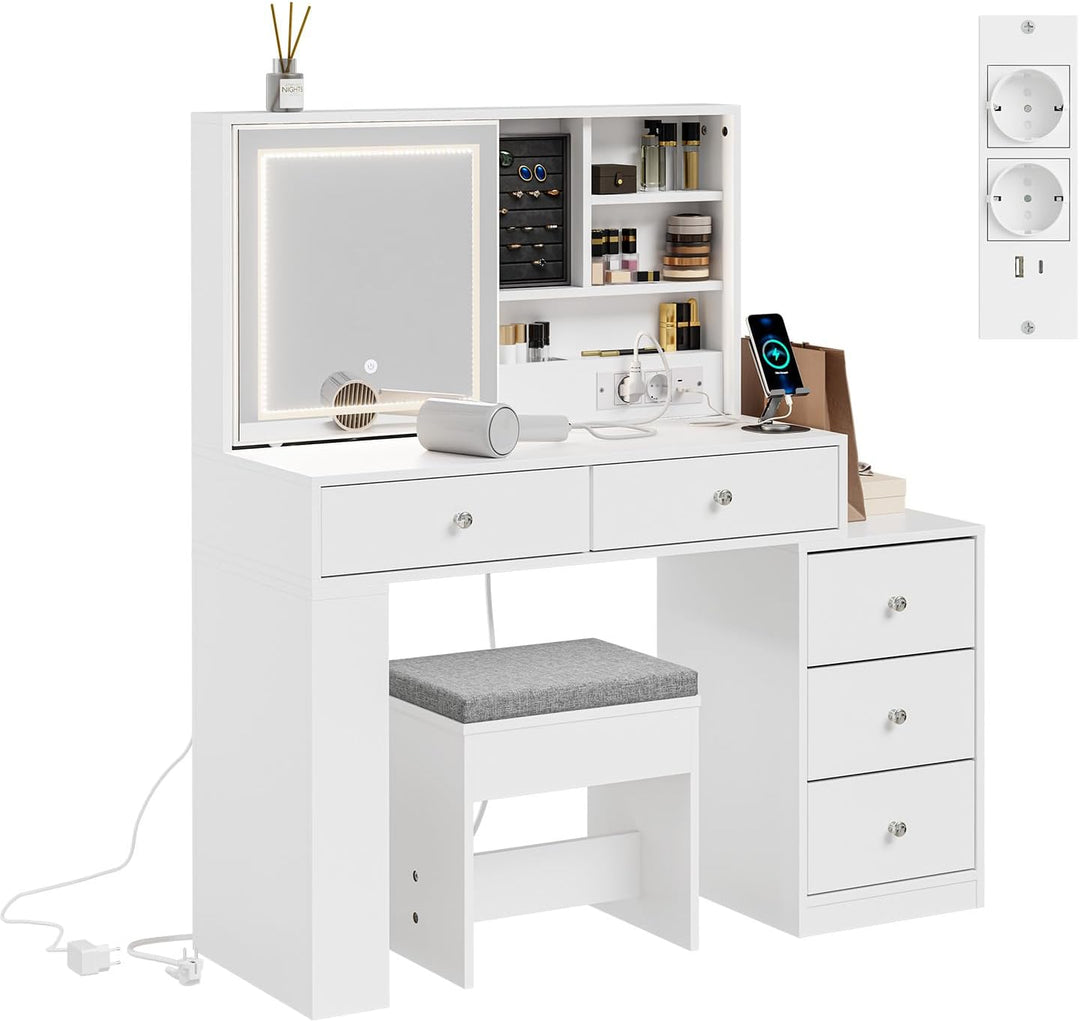 Sminkebord med LED-belysning, ladestation og skammel, 120 × 40 × 127 cm