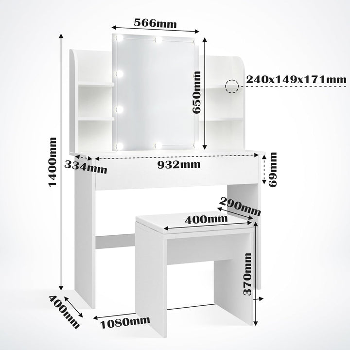 Sminkebord med belysning - med spejl, skammel, skuffe, USB, LED, dæmpbart, elegant, pladsbesparende, hvid