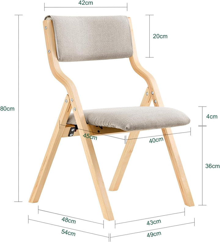 Sæt med 2 x sammenklappelige træstole i grå – ergonomiske, polstrede køkken- og spisebordstole, ideelle til balkon, have og camping