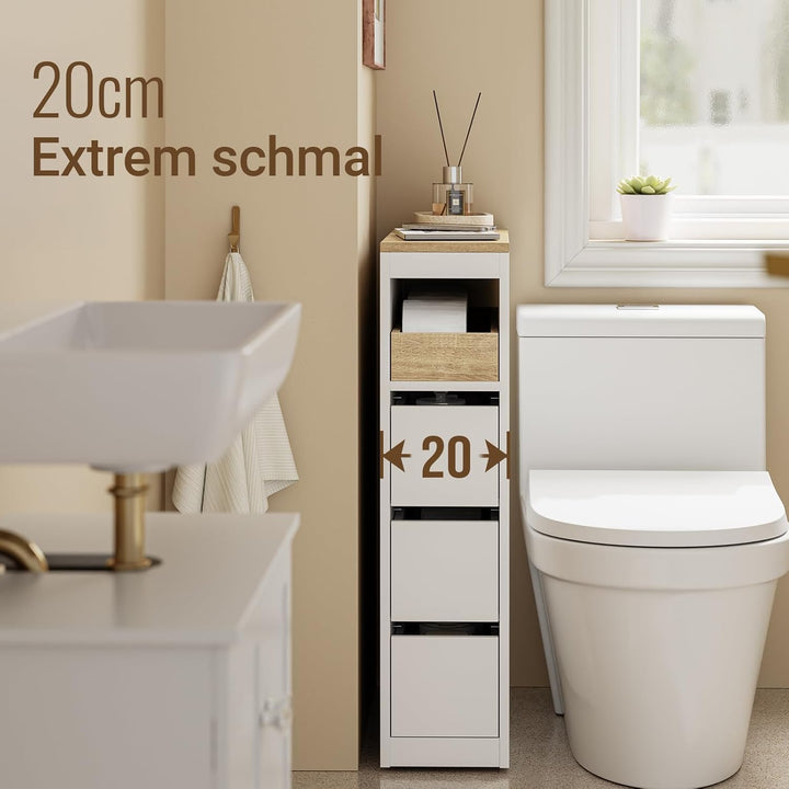 Smalt badeværelsesskab – 20 cm nicheskab med 3 skuffer, kompakt og flytbart til små badeværelser og køkkener, 60 × 20 × 82,3 cm