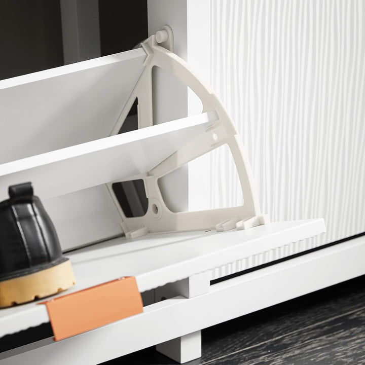 Smalt hvidt skoskab med 4 klaplåger – 8 opbevaringsrum til 16–24 par sko, ideel til entré og gang, 104 × 82 × 23 cm