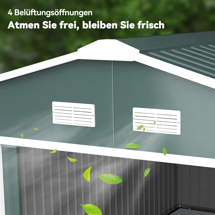 Redskabsskur, vejrbestandigt haveskur til haveredskaber, med ventilationsvinduer, skydedøre, stål, mørkegrøn