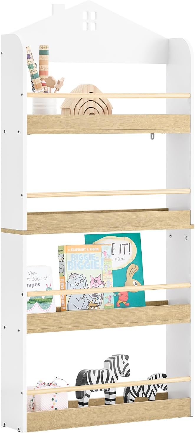 Montessori børnebogreol i hvid og natur – bog- og legetøjsreol med 4 hylder (60 × 130,5 × 15 cm)