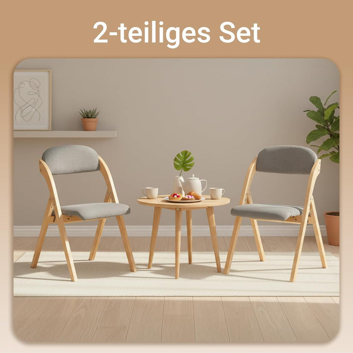 Sæt med 2 sammenklappelige, polstrede træstole i lysegrå – ergonomiske og pladsbesparende køkken- og spisebordstole, 47,5 × 77 × 59 cm